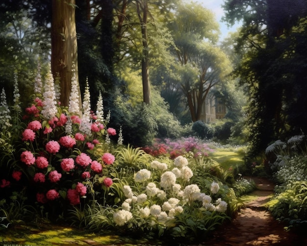 pintura de um caminho através de um jardim com flores e árvores generativa ai