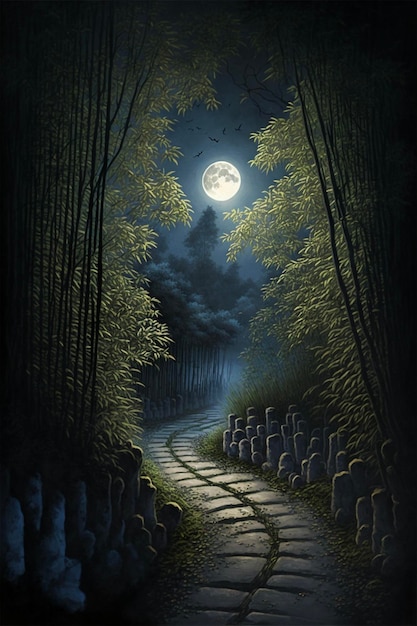 Pintura de um caminho através de uma floresta à noite generativa ai