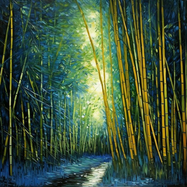 pintura de um caminho através de uma floresta de bambu com folhas verdes brilhantes generativo ai