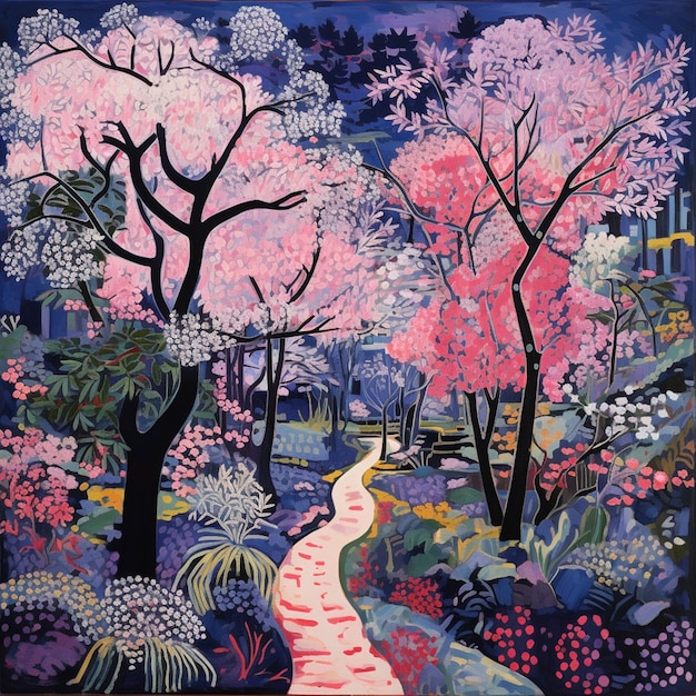 pintura de um caminho em um parque com árvores e flores generativo ai