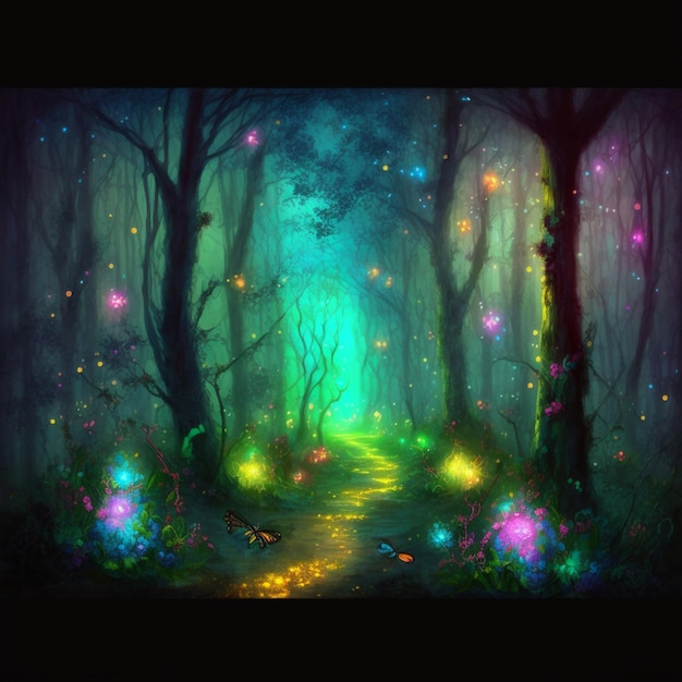 Pintura de um caminho em uma floresta com luzes brilhantes