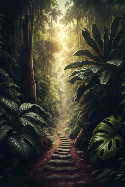 Pintura de um caminho no meio de uma selva generativa ai