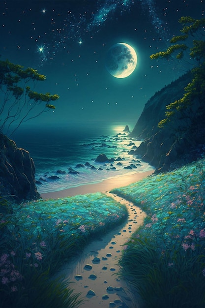 Pintura de um caminho que leva a uma praia à noite generativa ai