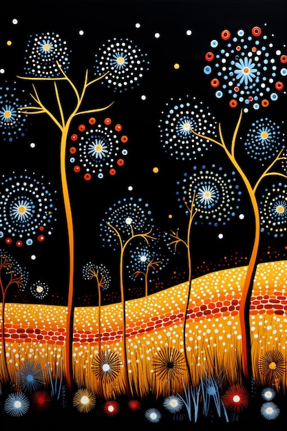 pintura de um campo com árvores e flores à noite generativa ai