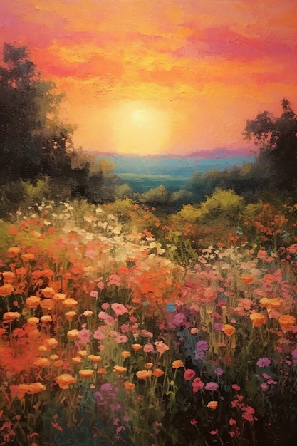 Pintura de um campo de flores com um pôr do sol ao fundo ai generativo