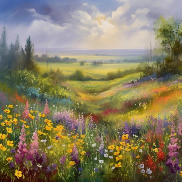 pintura de um campo de flores com um sol à distância generativo ai
