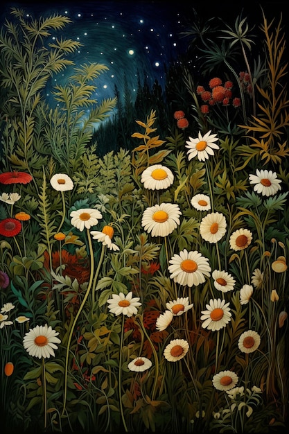 pintura de um campo de flores silvestres com lua cheia ao fundo ai generativa