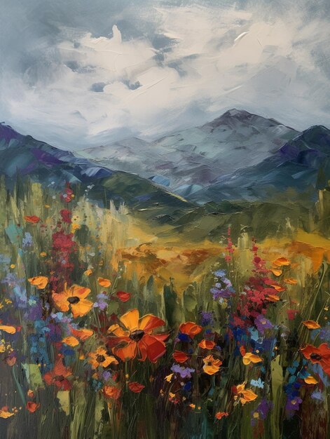 Pintura de um campo de flores silvestres com montanhas ao fundo