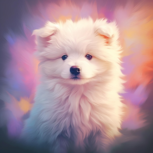 Pintura de um cão branco com olhos azuis e um fundo rosa