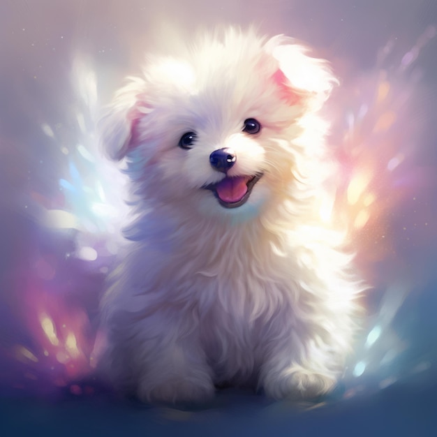 Pintura de um cão branco com um nariz azul e um nariz rosa