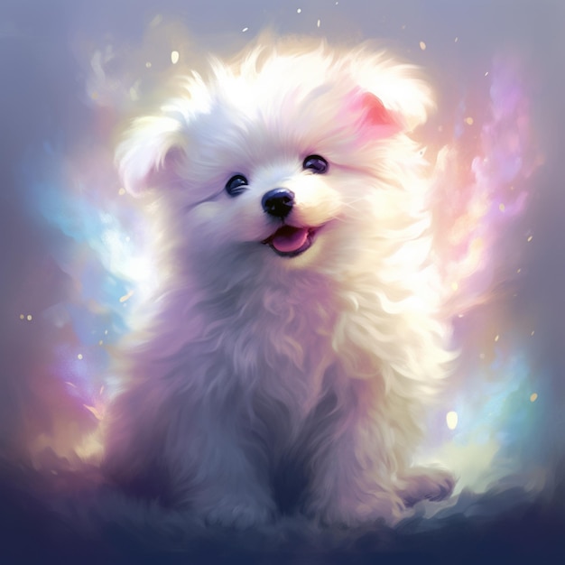 Pintura de um cão branco com um nariz rosa e olhos azuis