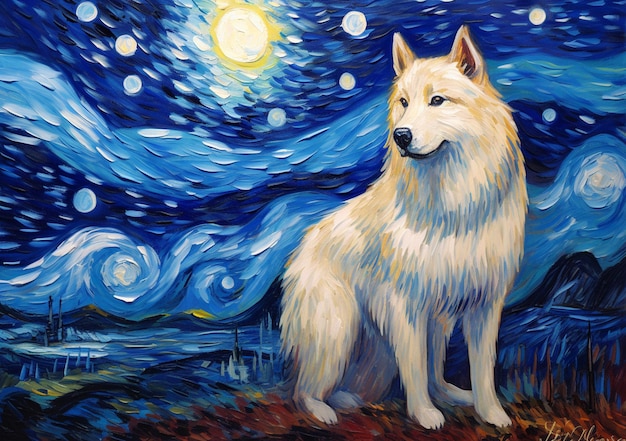 pintura de um cão branco sentado em uma colina com um céu estrelado generativo ai