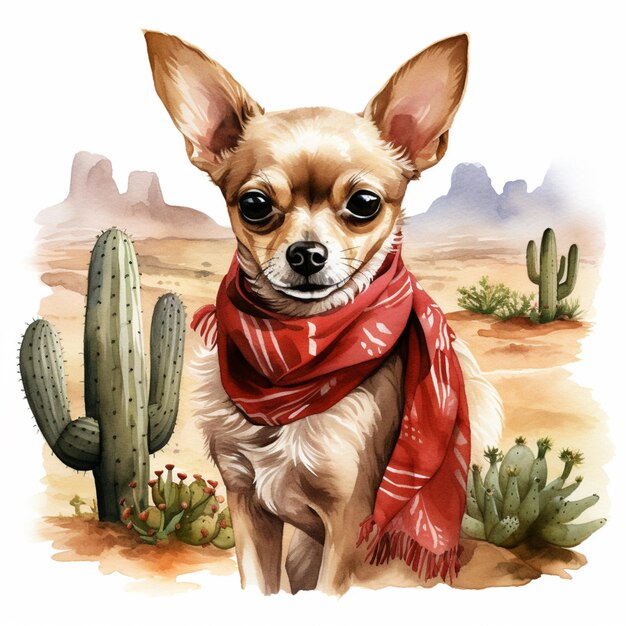 Foto pintura de um cão chihuahua usando um lenço no deserto generativo ai