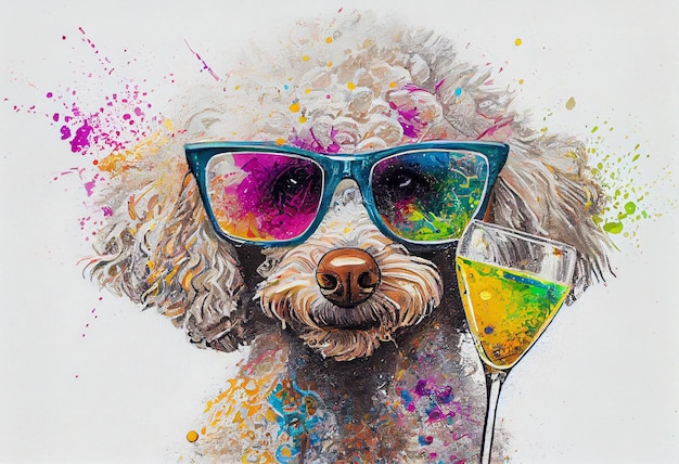 pintura de um cão com óculos de sol e um copo de vinho generativo ai