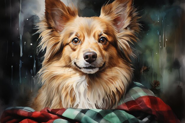 pintura de um cão com um cobertor de quadros em um dia chuvoso generativo ai