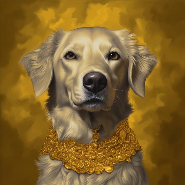 Foto pintura de um cão com um colar de ouro em um fundo amarelo