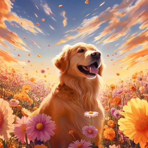 pintura de um cão em um campo de flores com um fundo de céu generativo ai