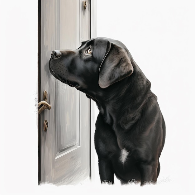 Foto pintura de um cão olhando para fora de uma porta com um fundo branco generativo ai