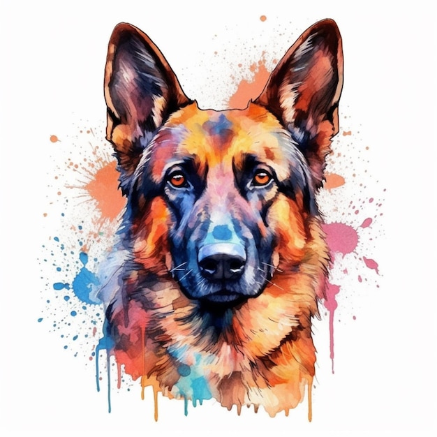 Pintura de um cão pastor alemão com um toque colorido de tinta generativa ai