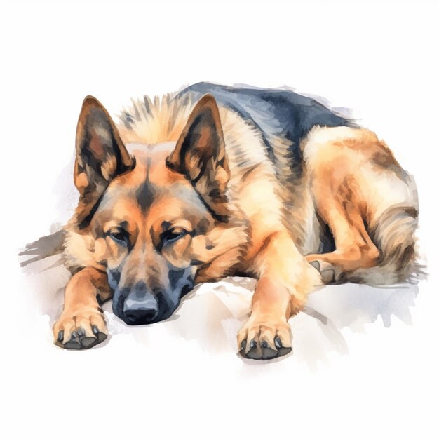 pintura de um cão pastor alemão deitado sobre uma superfície branca generativa ai