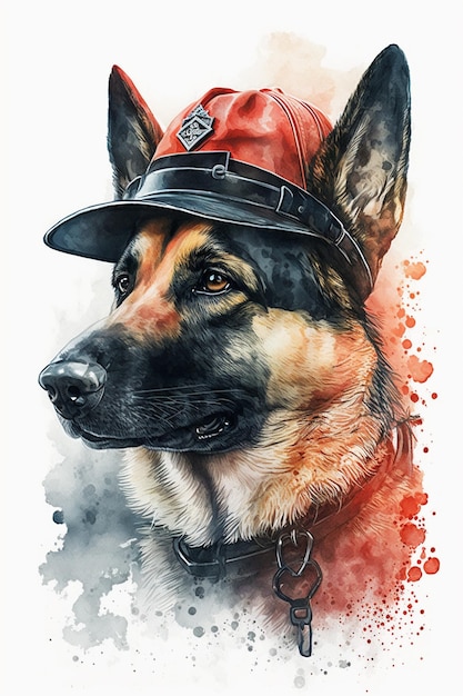 pintura de um cão pastor alemão usando um chapéu de bombeiro IA generativa