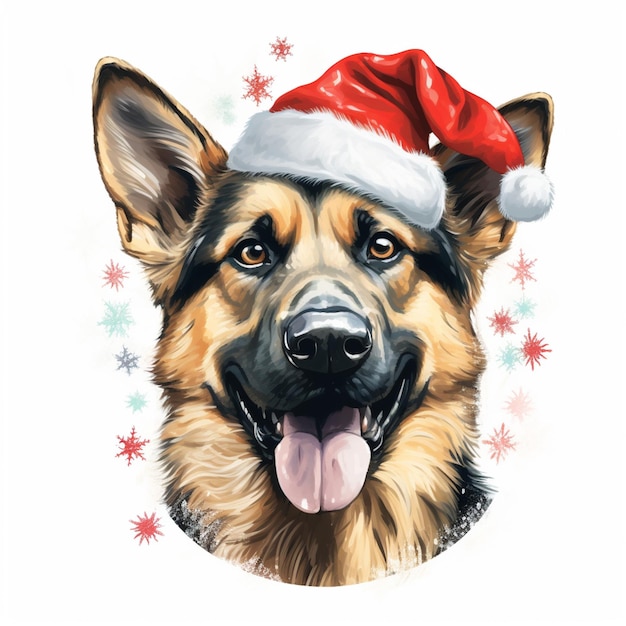 pintura de um cão pastor alemão vestindo um chapéu de Papai Noel