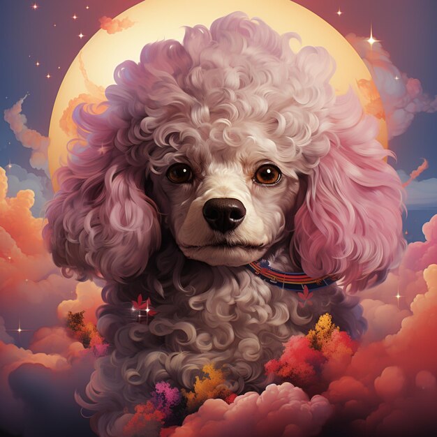 pintura de um cão poodle com uma crina rosa e um colar generativo ai