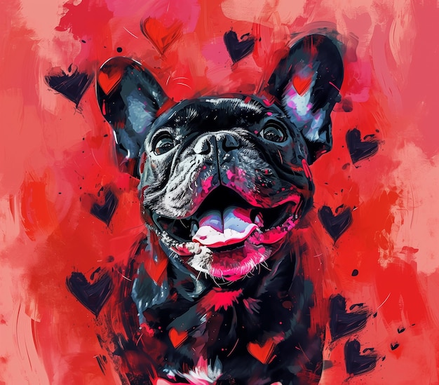 pintura de um cão preto com um colarinho rosa e um fundo vermelho