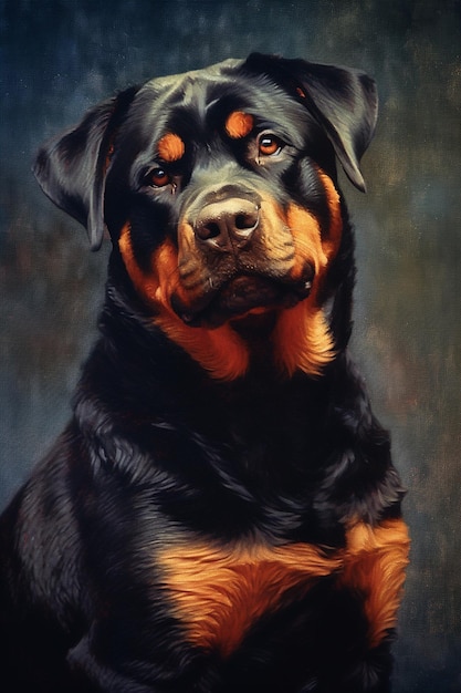 Pintura de um cão rotterweiler sentado na frente de um fundo escuro