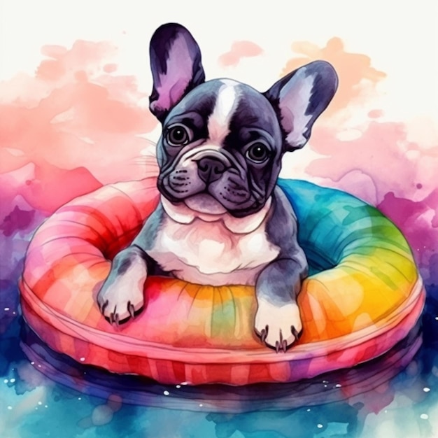 pintura de um cão sentado em um donut colorido em uma piscina generativa ai