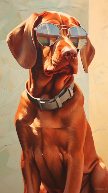 pintura de um cão usando óculos de sol sentado em uma mesa generativa ai