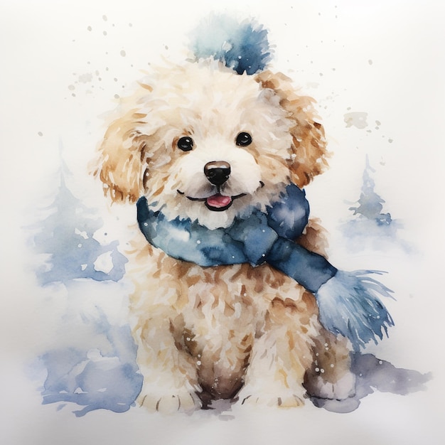 Foto pintura de um cão usando um lenço e um lenço em torno de seu pescoço generativo ai