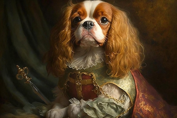 Foto pintura de um cão vestido com um traje com uma espada generativa ai