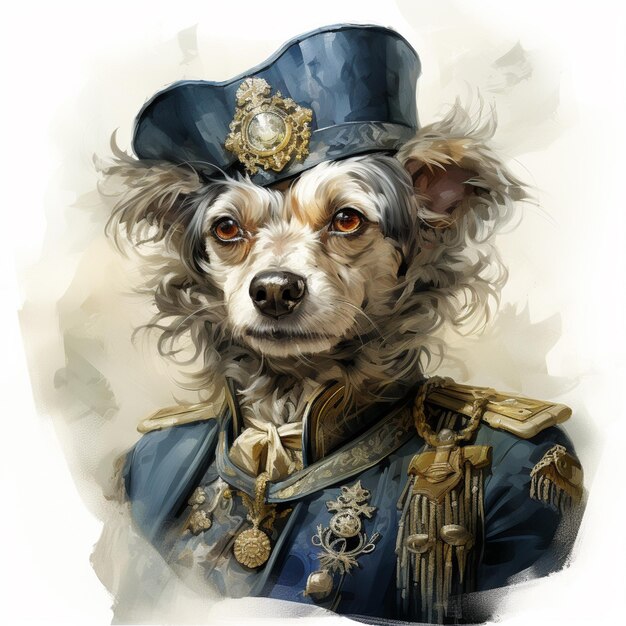 pintura de um cão vestido com um uniforme militar com um chapéu generativo ai