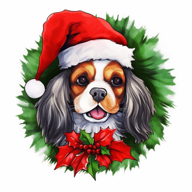 Foto pintura de um cão vestindo um chapéu de papai noel e uma coroa generativa ai