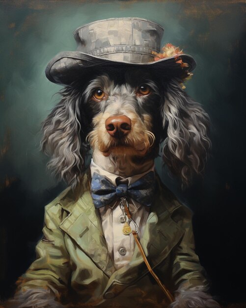 pintura de um cão vestindo um chapéu e um terno com uma gravata generativa ai