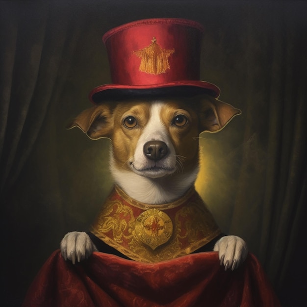 pintura de um cão vestindo um chapéu vermelho e capa vermelha