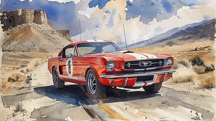 Foto pintura de um carro vermelho mustang dirigindo por uma estrada de terra