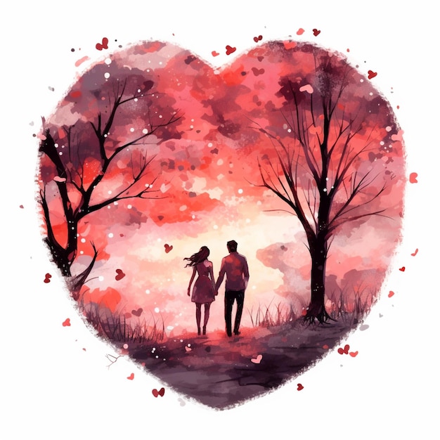 pintura de um casal caminhando em um campo com uma árvore em forma de coração generativa ai