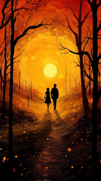 Pintura de um casal caminhando em uma floresta ao pôr do sol