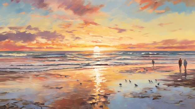 Foto pintura de um casal caminhando na praia ao pôr do sol generativo ai