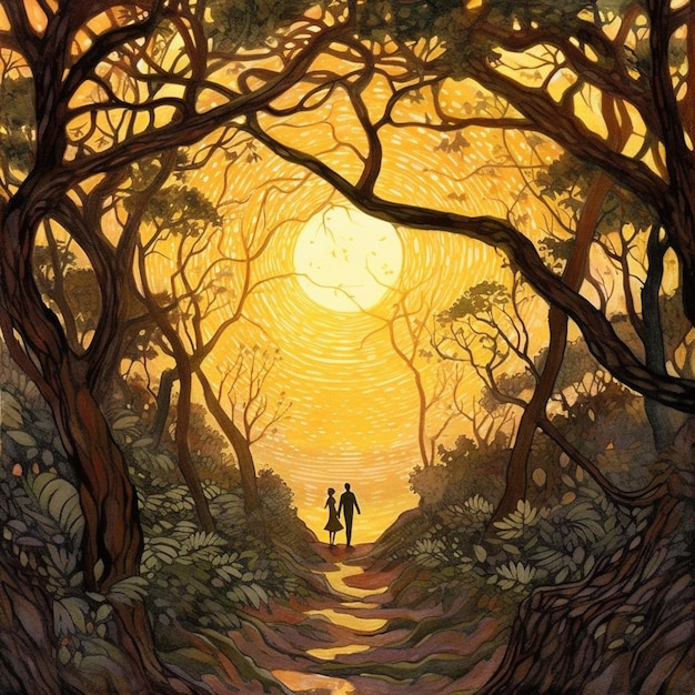 Pintura de um casal caminhando por um caminho na floresta