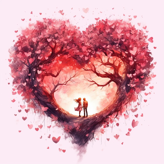 pintura de um casal de pé em uma árvore em forma de coração generativo ai
