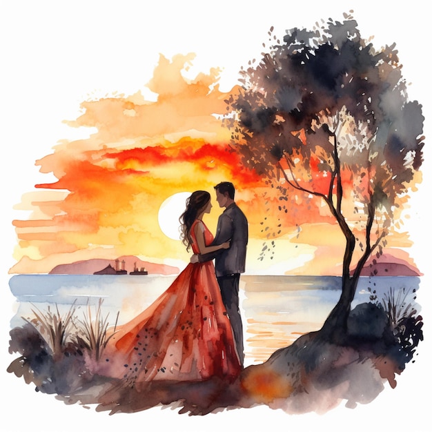 pintura de um casal de pé sob uma árvore ao pôr do sol generativo ai