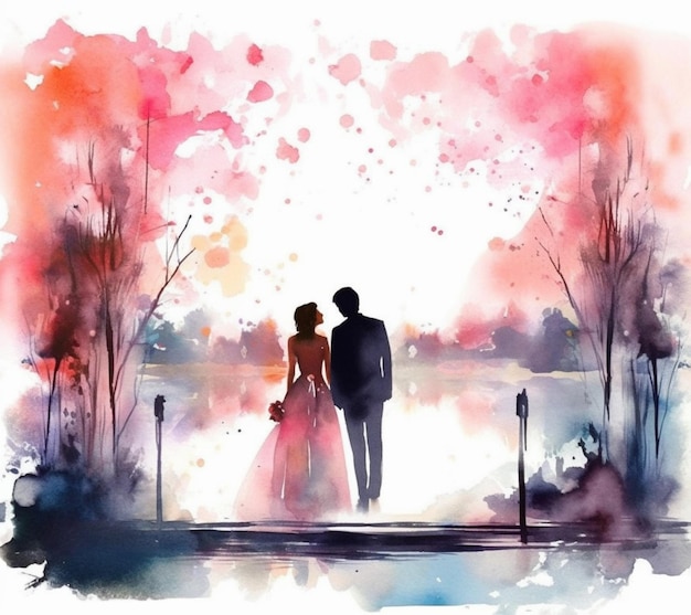 Pintura de um casal em pé em uma doca em um parque generativo ai