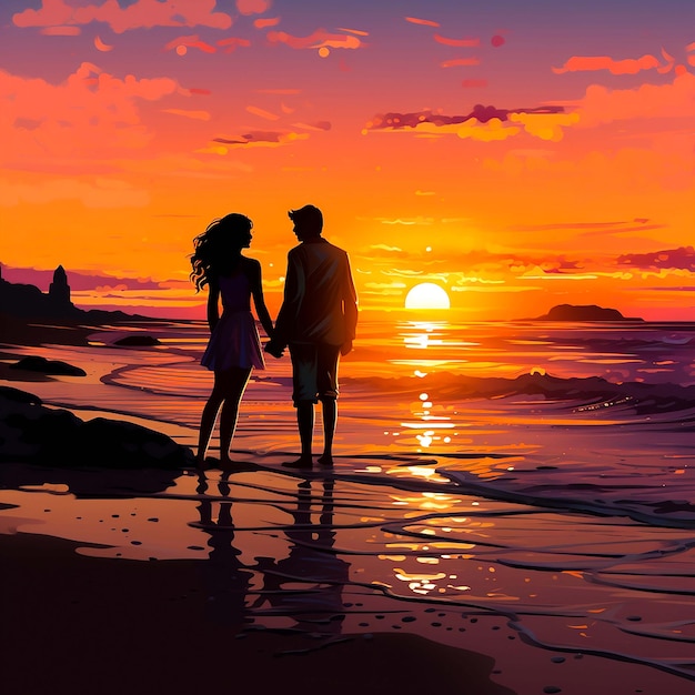 Pintura de um casal sentado na praia assistindo ao pôr do sol