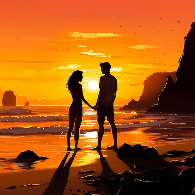 Pintura de um casal sentado na praia assistindo ao pôr do sol