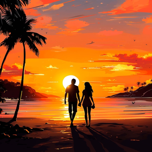 Pintura de um casal sentado na praia assistindo ao pôr do sol