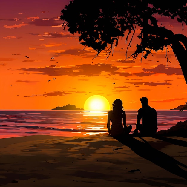 Pintura de um casal sentado na praia assistindo ao pôr do sol