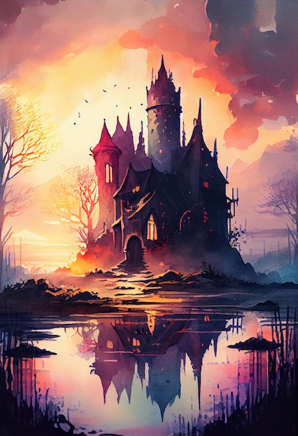 pintura de um castelo com um lago e um pôr-do-sol no fundo generativo ai